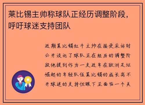 莱比锡主帅称球队正经历调整阶段，呼吁球迷支持团队
